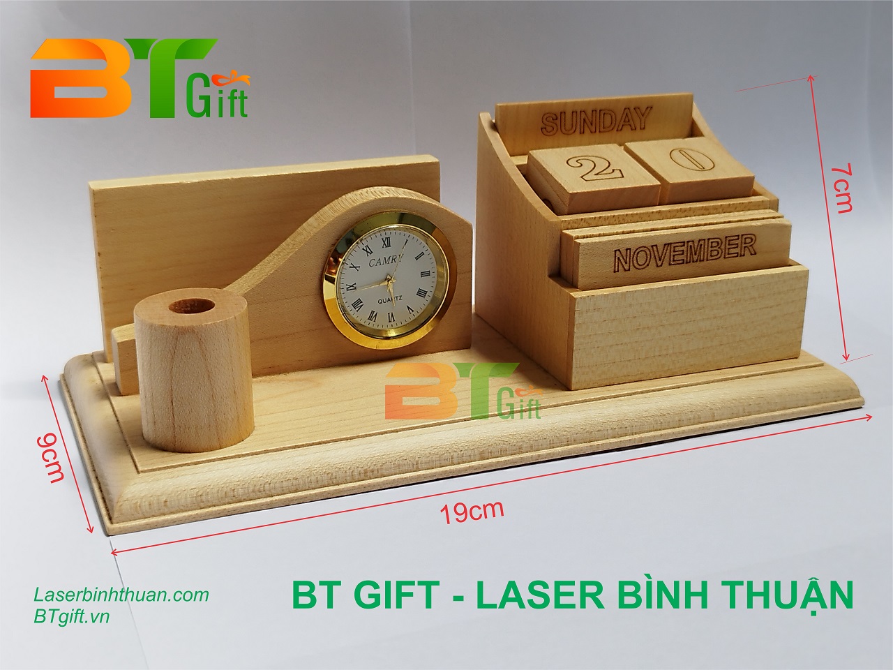 Cắm bút gỗ để bàn ( mẫu 3) có đồng hồ | BT GIIFT