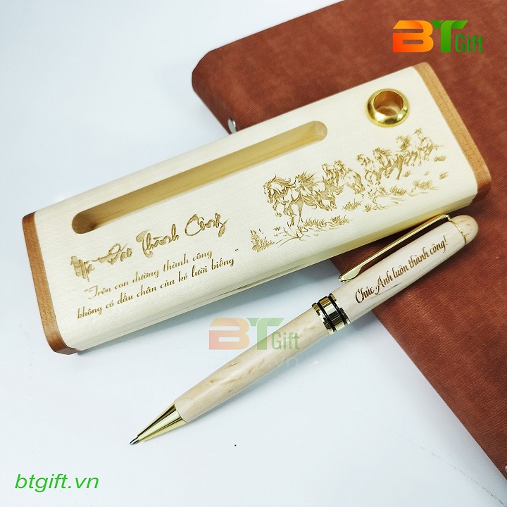 Bộ bút gỗ xoay, hộp gỗ khắc tên kèm hộp | BT GIFT